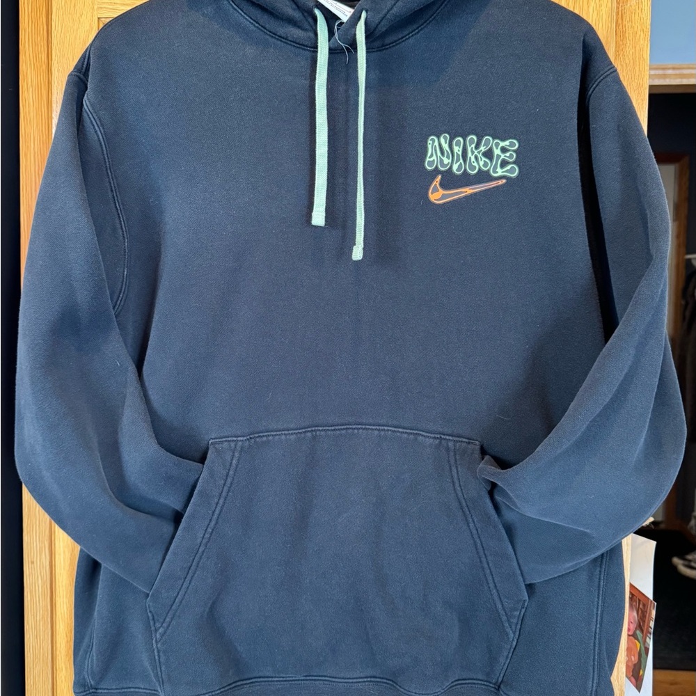 Nike Black Crewneck Hoodie with Mint Drawstrings and Orange Swoosh